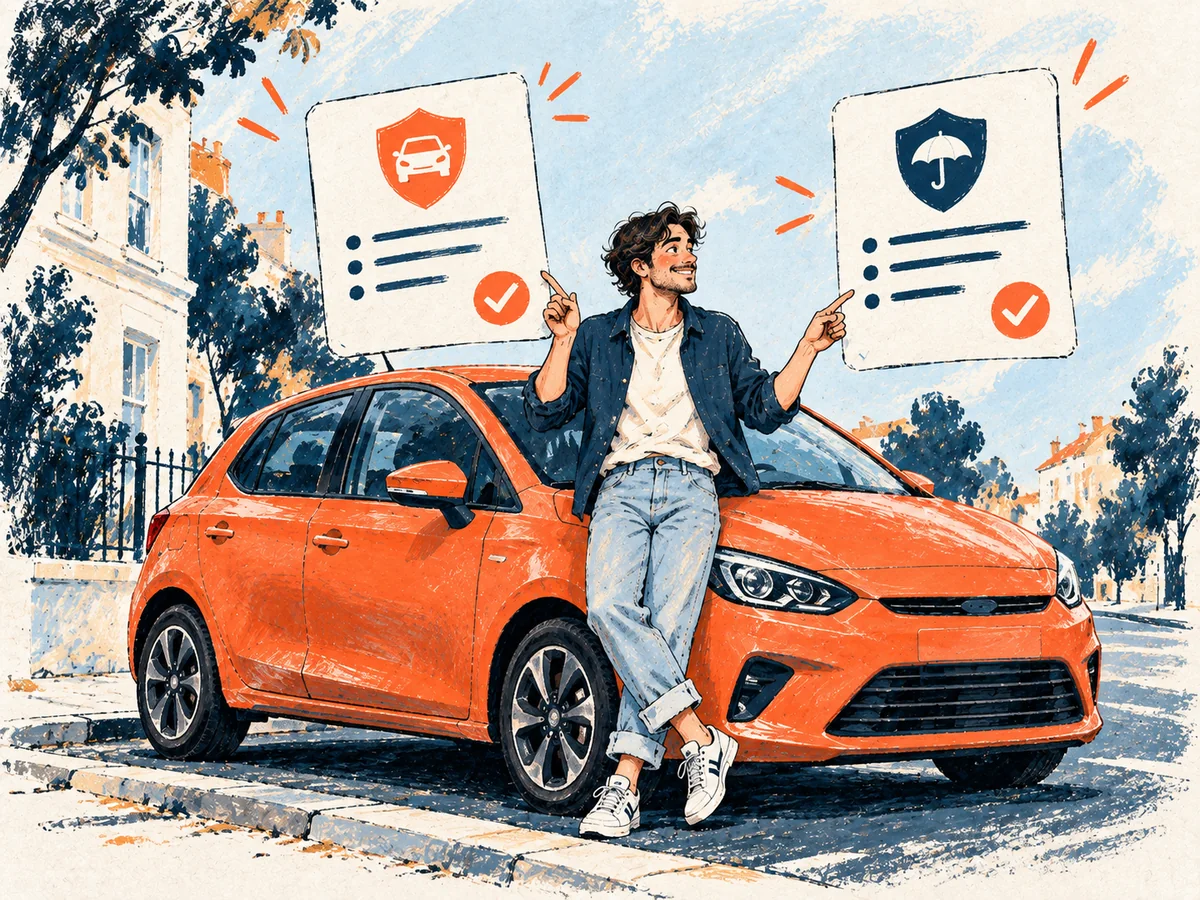 Autofahrer vergleicht zwei Schutzoptionen neben einem orangefarbenen Auto