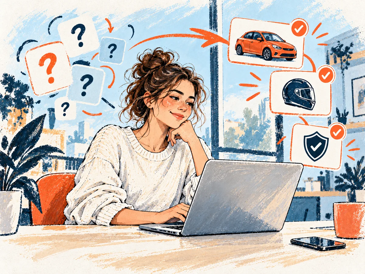 Junge Frau recherchiert am Laptop zu Auto, Motorrad und Versicherungsschutz