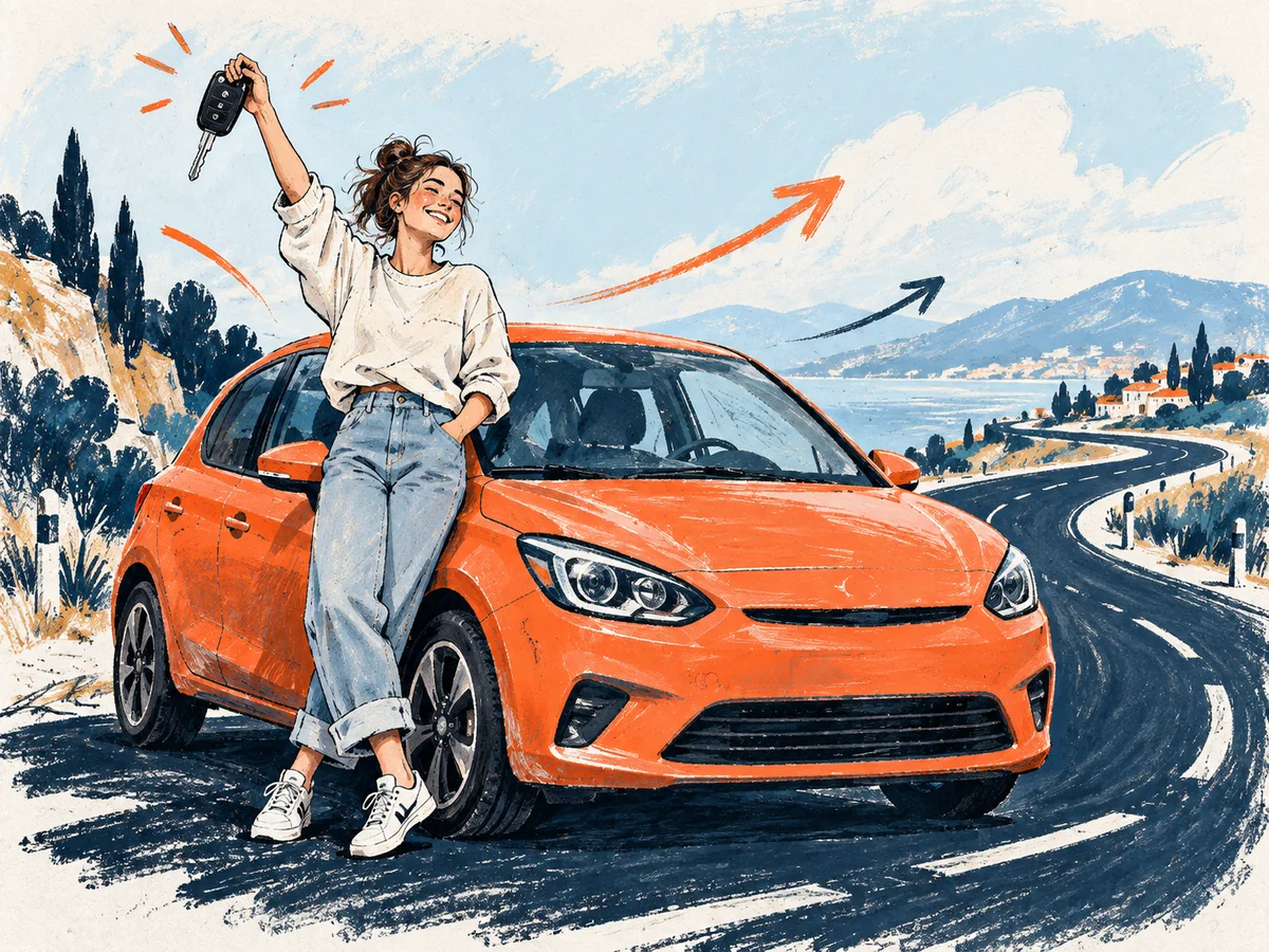 Junge Fahrerin vor einem orangefarbenen Auto auf einer gezeichneten Straße