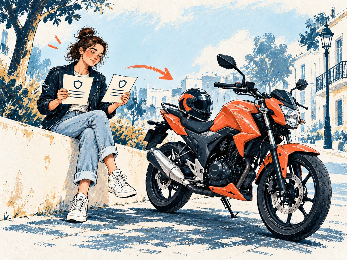 Motorradfahrerin vergleicht Schutzoptionen neben ihrem orangefarbenen Motorrad